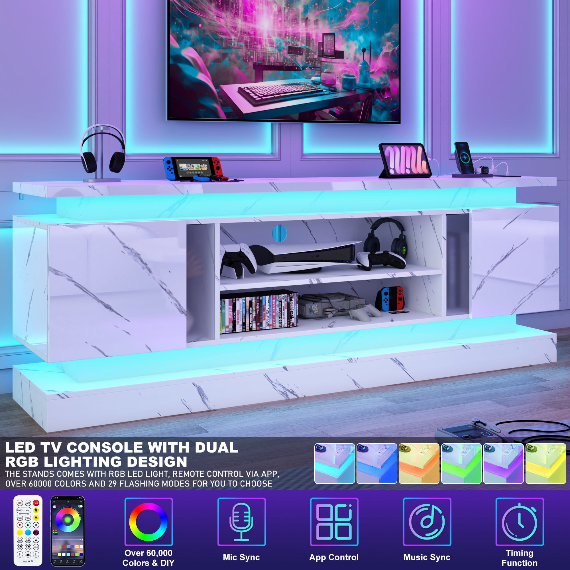 ChVans 71" LED TV Stand for TVs up to 85" with Power Outlets, Marble High Gloss Surface, 2 Storage Cabinet, Modern Style, TV Media Console with Storage, Marble Black