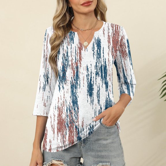 Jsaierl Women's 3/4 Sleeve Tops Summer V Neck Shirts Dressy Graphic Petite Blouses Flowy Loose Fit T-shirts Top S-2XL