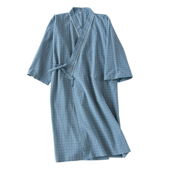 VNKIDY Men's Loungewear Lightweight Grid Patterned Kimono Robe Short Sleeve Cotton Nightrobe With Piping Detail Single Pocket For Home Relaxing Stylish Homewear