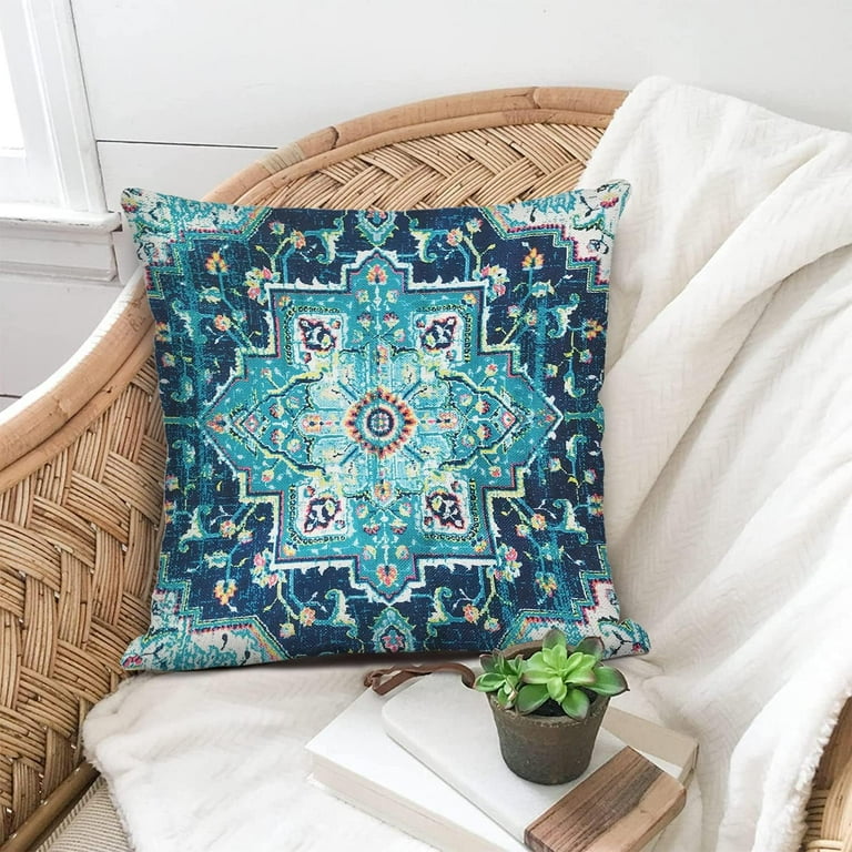 Set of Teal Blue Mandala Boho Throw Pillow Covers Linen