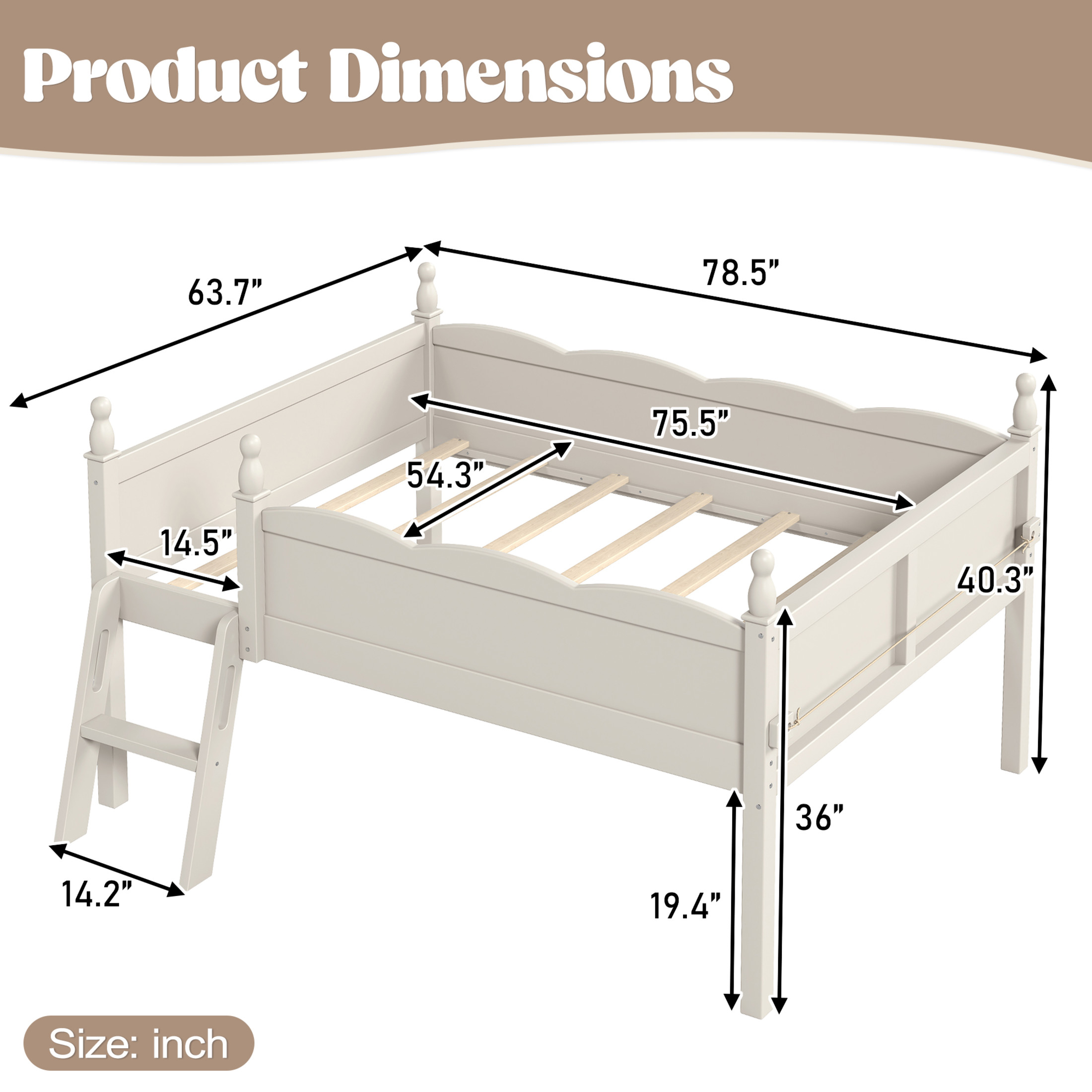 GDF Studio Full Size Low Loft Bed with Guardrails, Ladder & Side Bookshelf, Chic Design, Beige