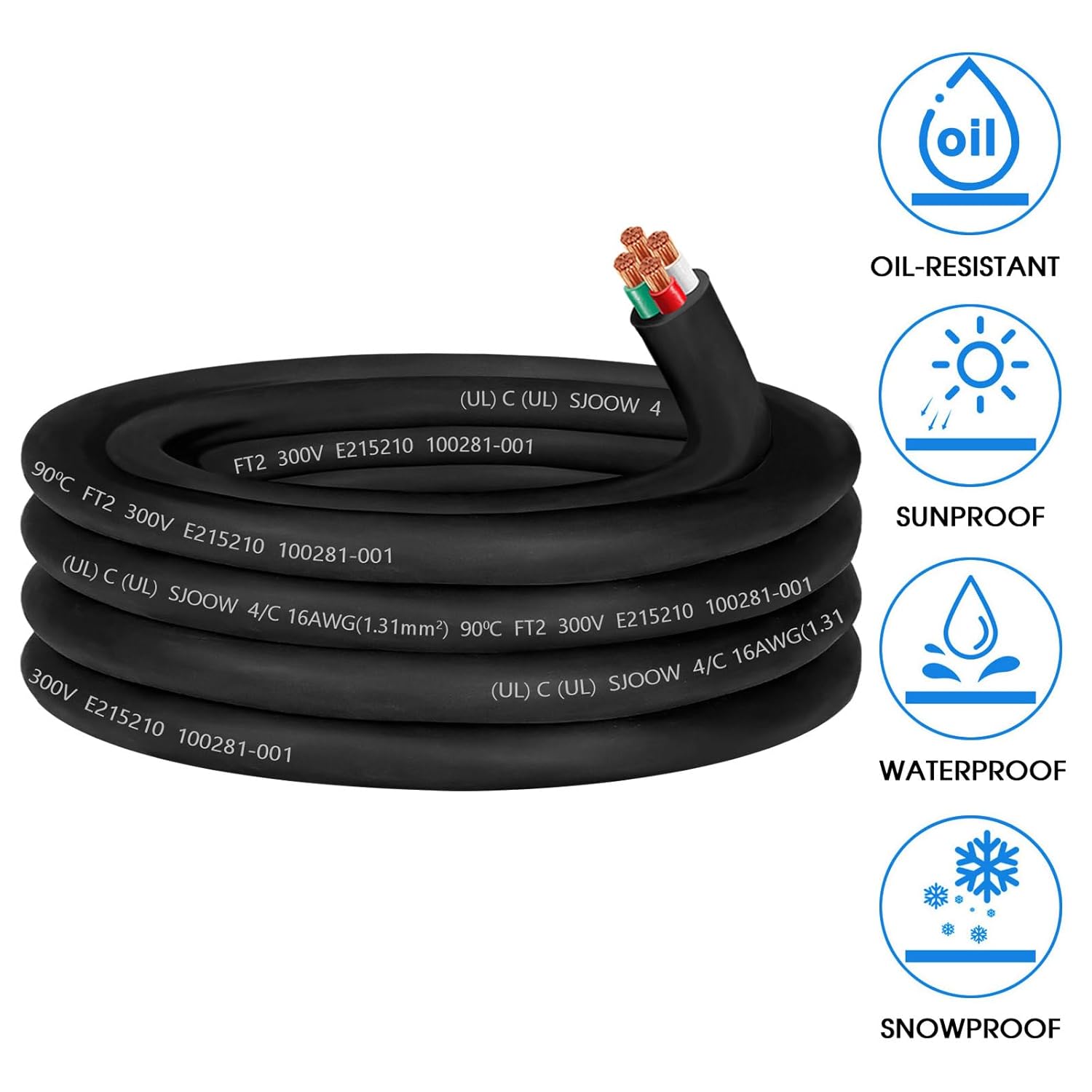 16/4 Wire 16 AWG SJOOW Portable Power Cable,16 Gauge 300V 4 Conductor SJOOW Cable Cord Electrical Wire for Mini Split Air Conditioner HVAC/Heat Pump/Speaker Systems/Light/Trailer,Indoor Outdoor-25FT