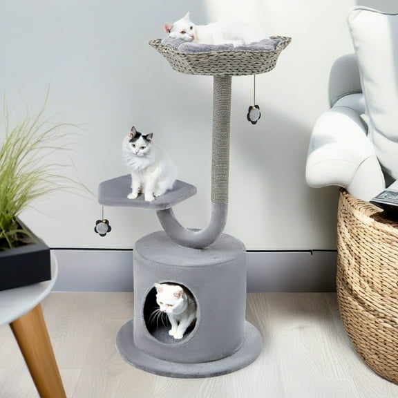 Pefilos 42" Cat Tree Tower, Small Cat Condo with Curved Metal Supporting Frame, Cat Tree House with Perch and Hanging Ball, Gray