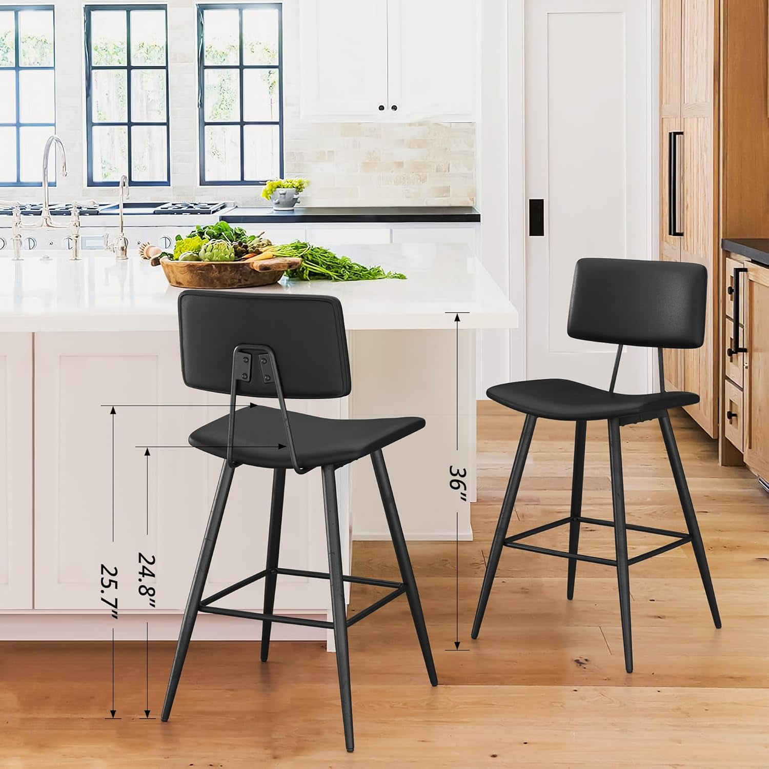 Dycanpo 24.5" Counter Height Bar Stools Set of 2, Faux Leather Upholstered Barstools, Black