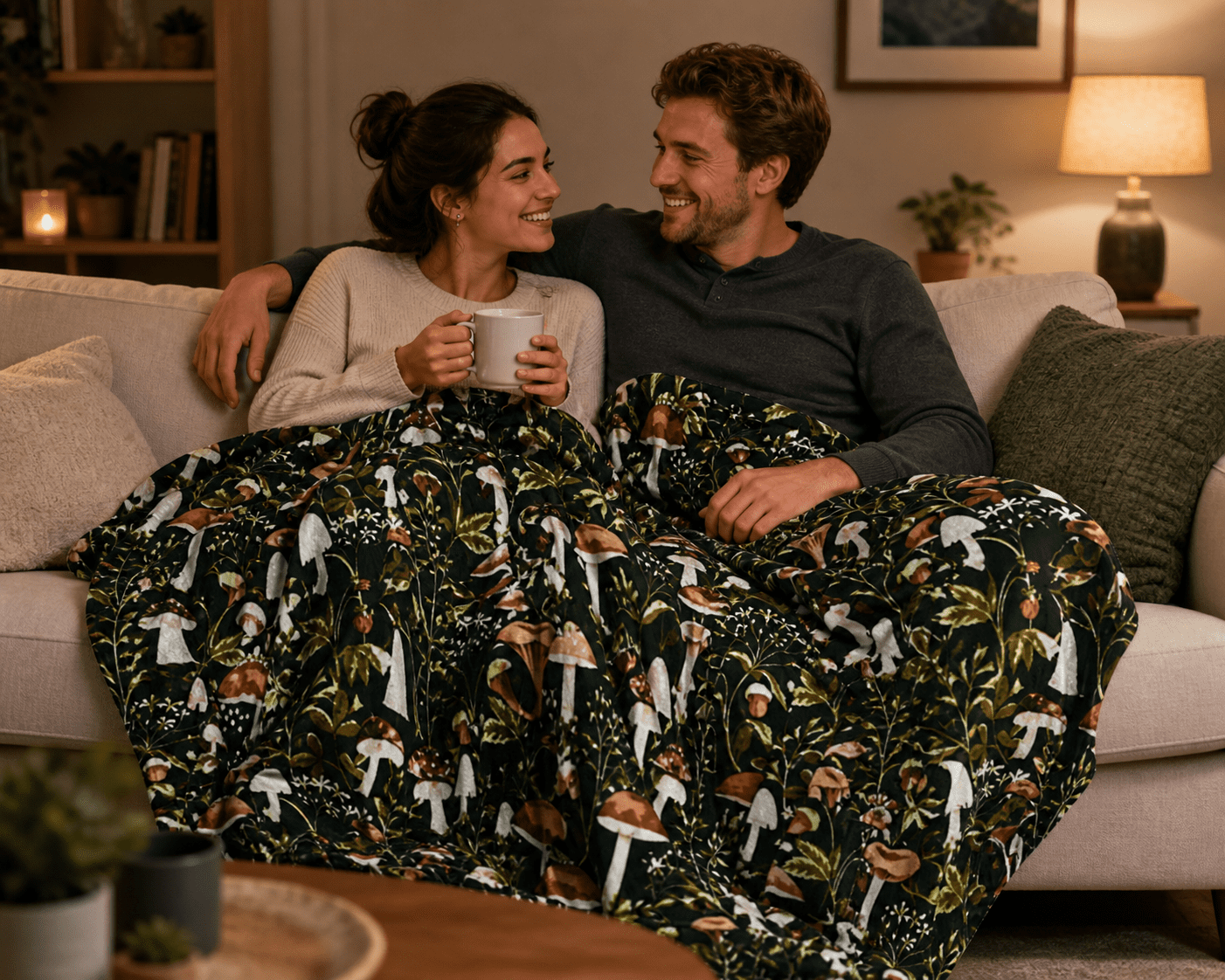 Serafina Home Decor Fleece Fall Throw Blanket: Floral Mushroom Forest Black Brown Beige And White Oversized Blanket 50" x 70"