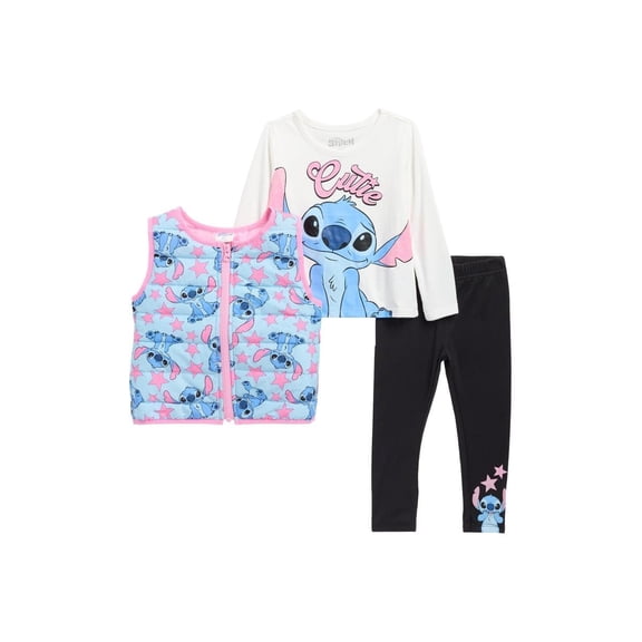 Disney Stitch Girls 3-Piece Outfit Set  Puffer Vest, Long Sleeve Cutie Top & Leggings  Toddler & Kids Clothing