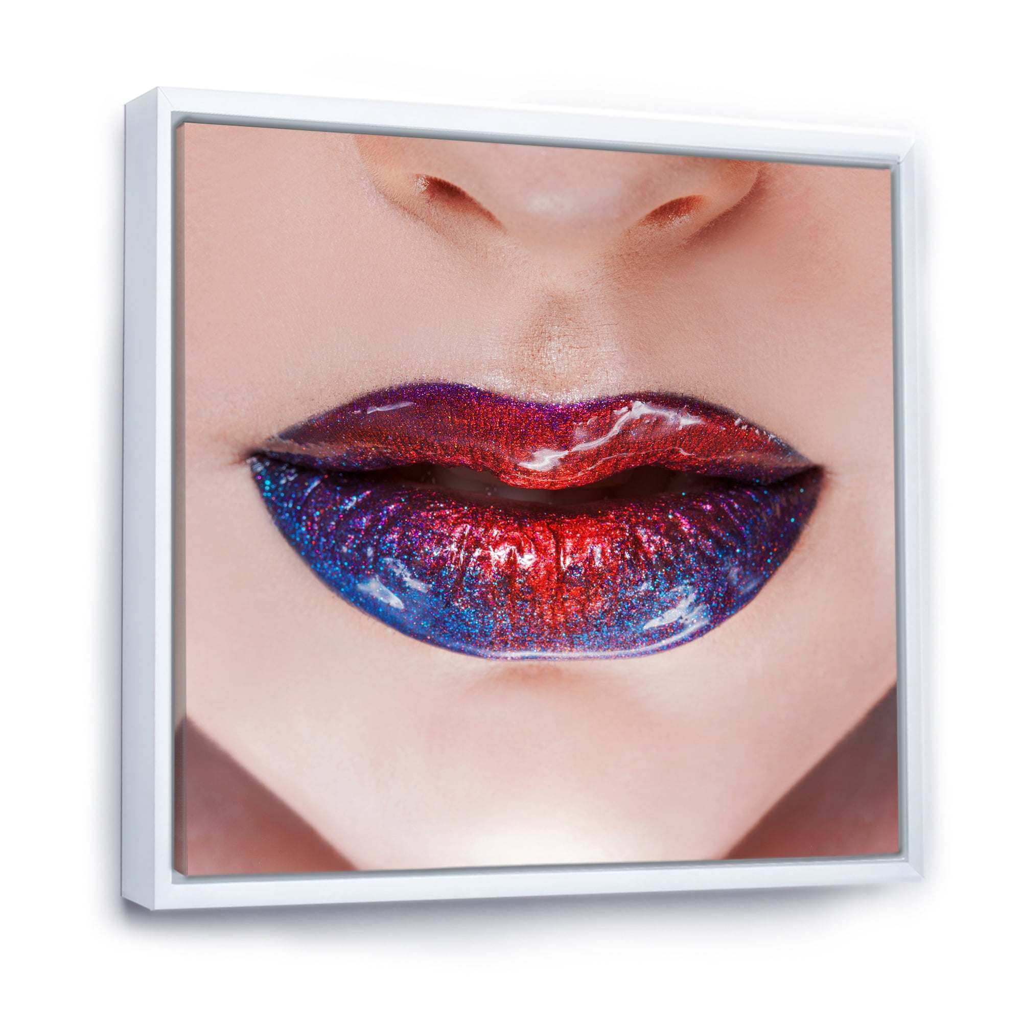 Designart 'Beautiful Women Lips With Red and Blue Lipstick' Modern Framed Canvas Wall Art Print