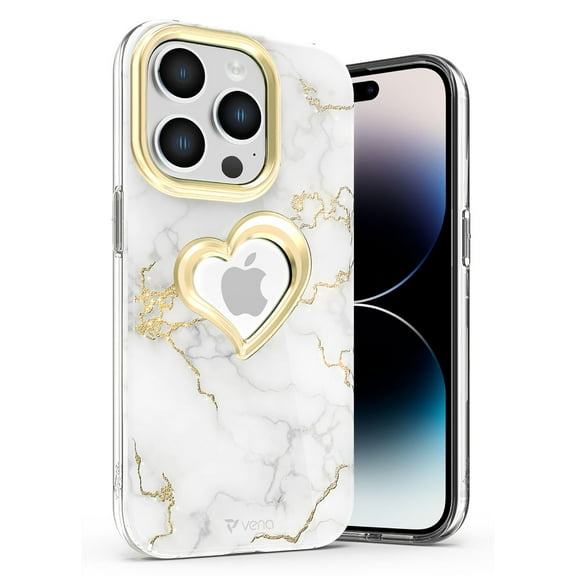 Vena vLove Marble Case Compatible with Apple iPhone 14 Pro (6.1"-inch), Heart Shape Design (MagSafe Compatible) Dual Layer Slim Hybrid Clear Bumper Case Cover - White/Gold Accent