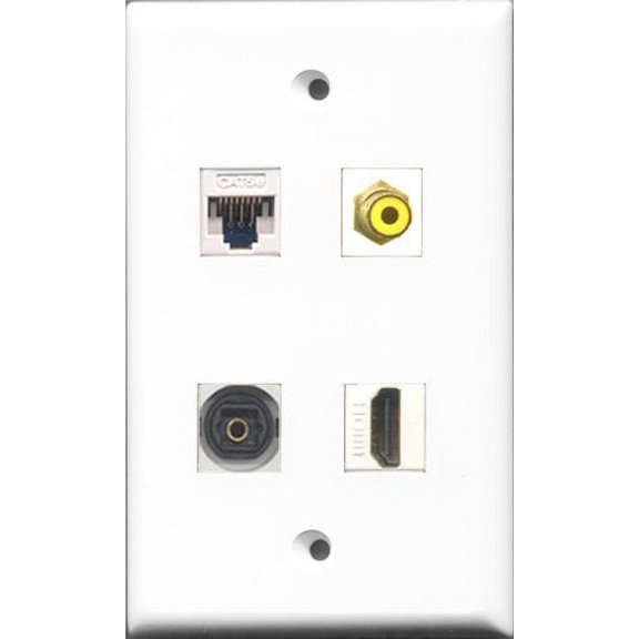 RiteAV 1 Port HDMI and 1 Port RCA Yellow and 1 Port Toslink and 1 Port Cat5e Ethernet White Wall Plate