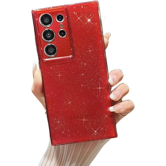 for Samsung Galaxy S24 Ultra Case, Neon Pink Glitter Bling Sparkly Cute Girls Women Flexible TPU Reinforced Corners Shockproof Edge Bumper Case for Galaxy S24 Ultra (Red)