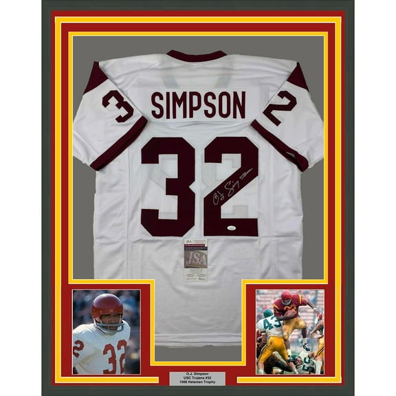 Framed Autographed/Signed OJ O.J. Simpson 35x39 USC Trojans White College Football Jersey JSA COA
