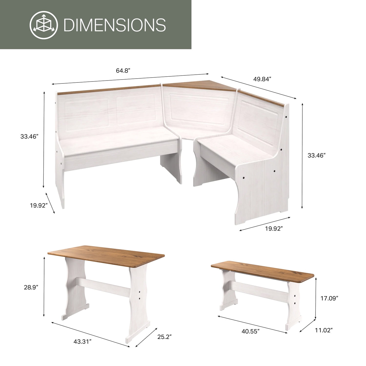 OS Home and Office Furniture Solid Pine Corner Dining Booth in White