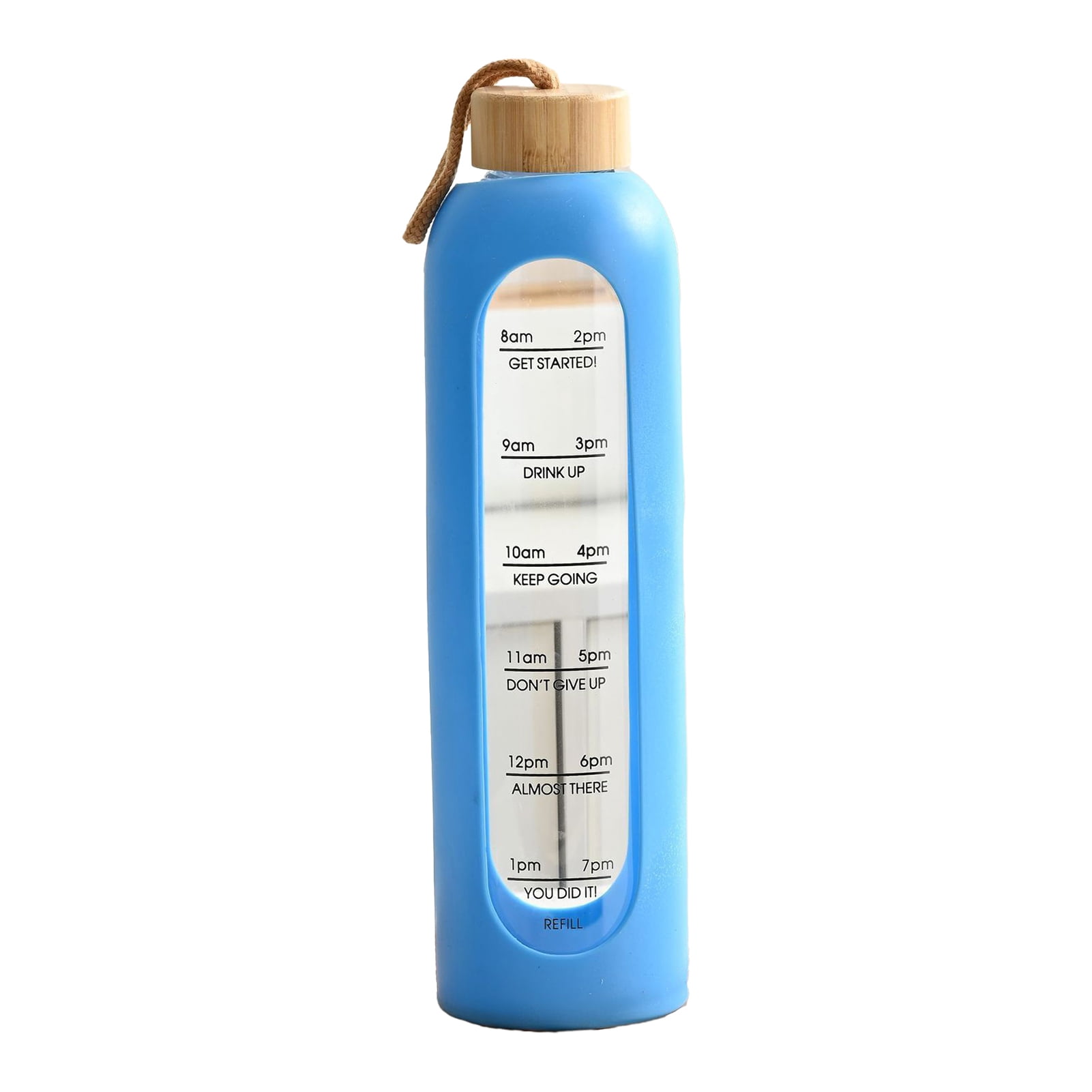 Jkung Glass Water Bottle 1 Liter Capacity Drinking Bottle with Time Mark Silicone Sleeve Leak-Proof Spout Lid Wide Mouth Water Cup