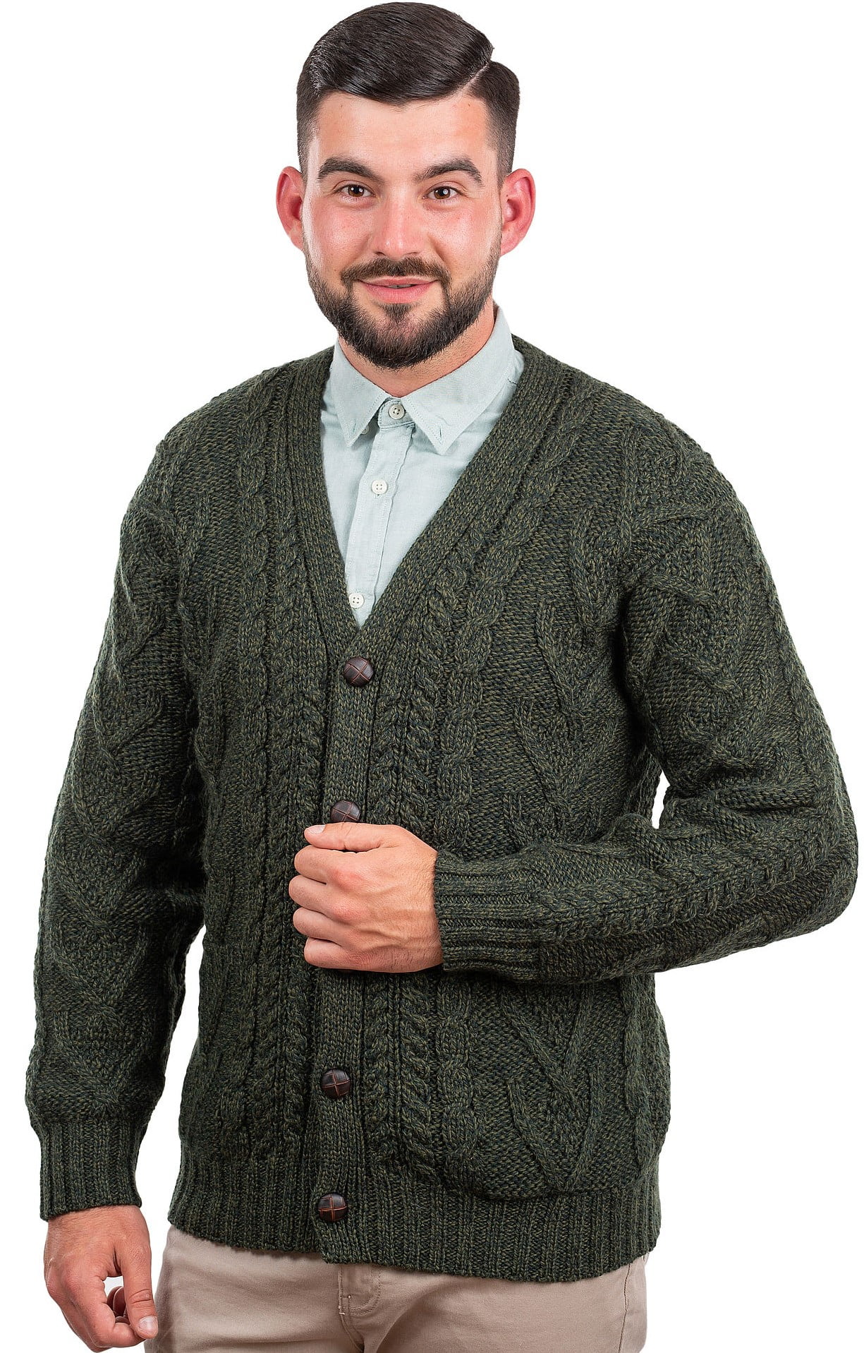 Saol Button Up V-Neck Cardigan Sweater 100% Merino Wool for Men Irish ...