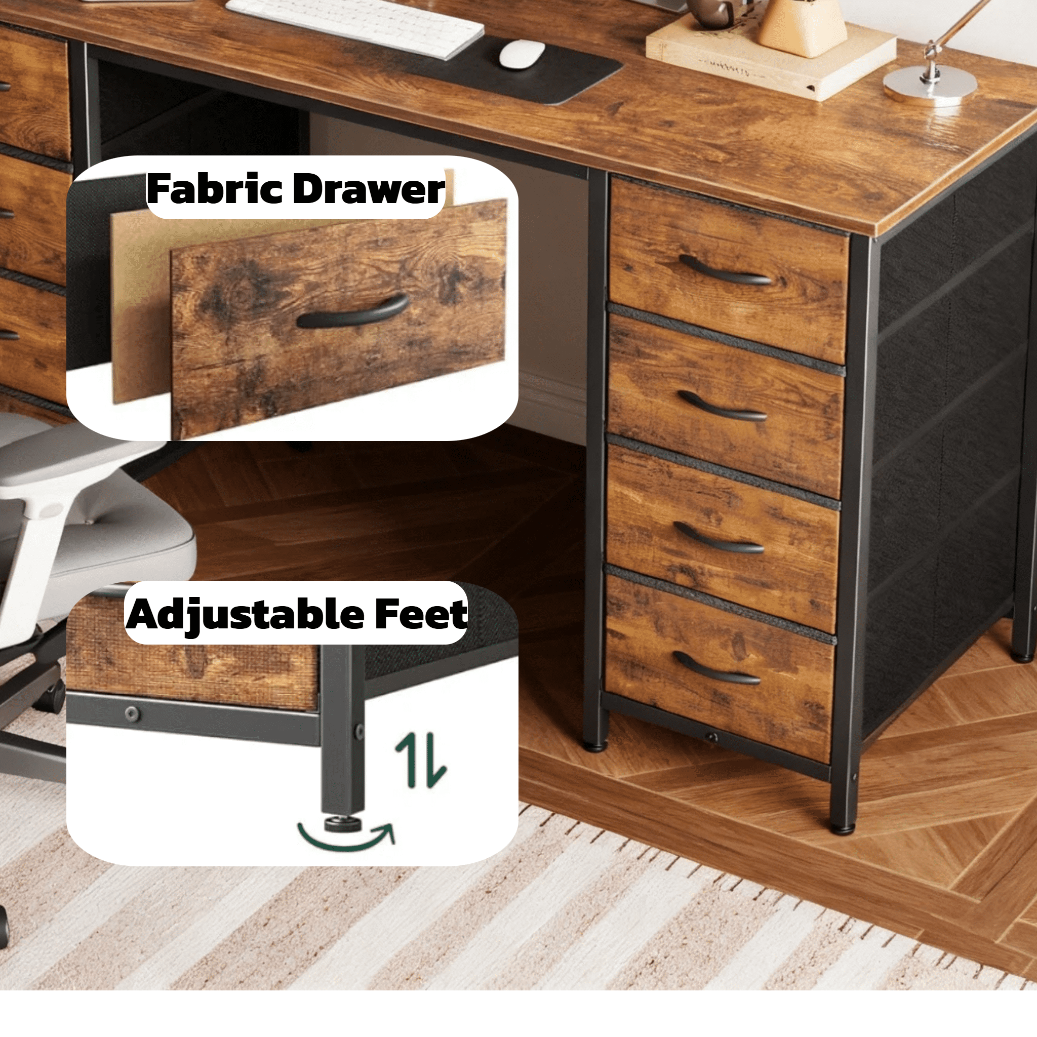 CONCETTA 47 Inch Computer Desk with 8 Fabric Drawers, Home Office Desk Workstation for Study & Gaming, Large Storage Writing Desk, Sturdy Metal Frame, Brown