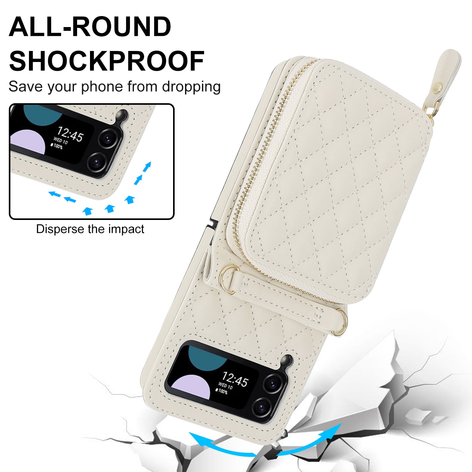 Dteck for Samsung Galaxy Z Flip 4 Case with Card Holder RFID Blocking, Crossbody Wallet Case for Z Flip4 with Adjustable Strap, Zipper Purse Leather Handbag Case Compatible with Galaxy Z Flip4,Beige