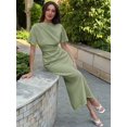 thumbnail image 5 of Olive Green High Neck Short Sleeve Midi Sheath Dress For Women, 5 of 8