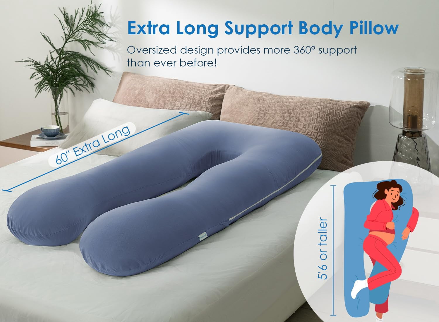 Pillows  60 Inch U Shaped Body Pillow For Sleeping Extra Long Maternity Women Support Adults With Soft Silky Cover Blue
