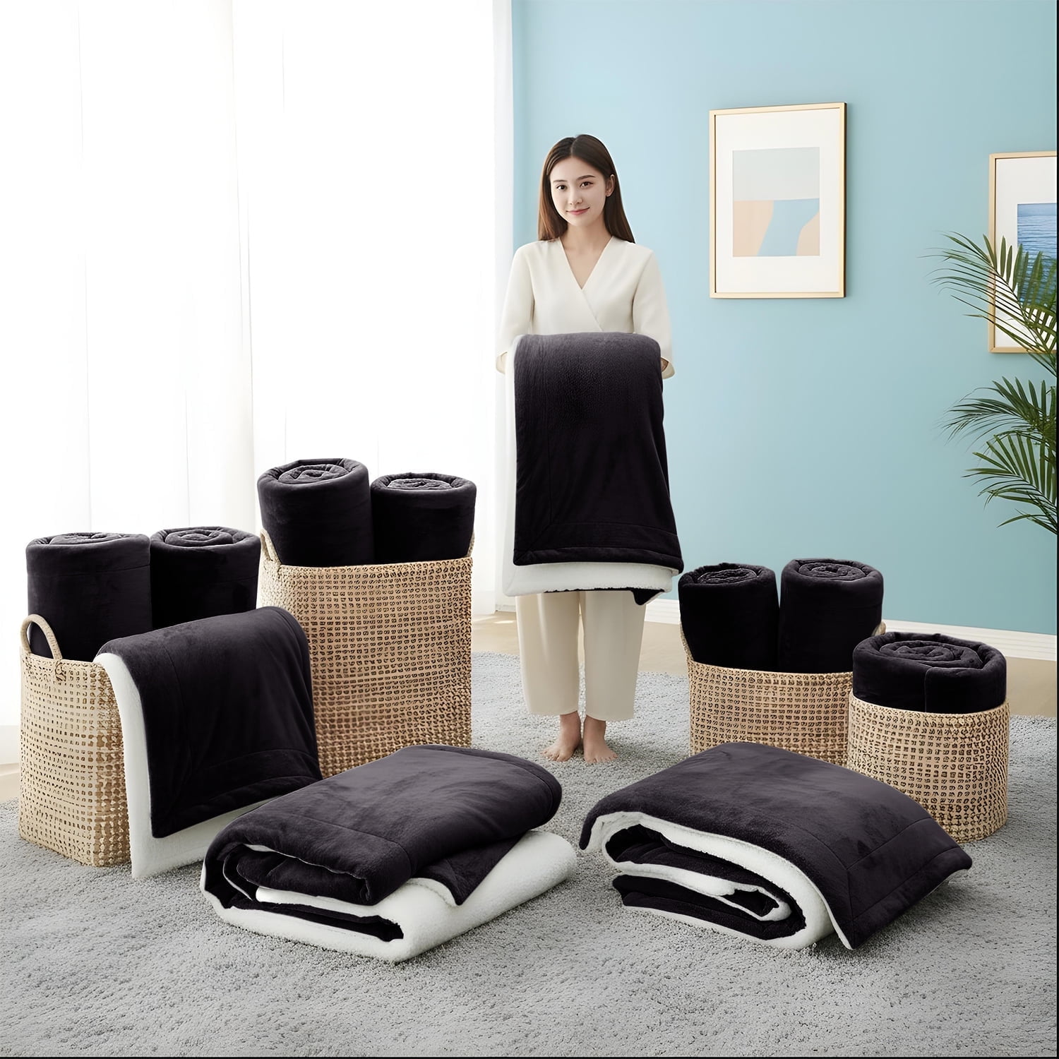 Moonlight20015 Wholesale Sherpa Fleece Throw Blankets 9-Packs Warm & Soft Plush Queen Size for Charity, Shelter, & Home Washable, Lightweight & Cozy Black