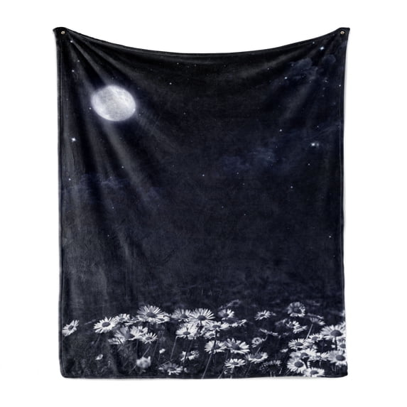 Night Soft Flannel Fleece Throw Blanket, Dark Night and White Daisies Fantasy Landscape Nature and Dreamlike Universe, Cozy Plush for Indoor and Outdoor Use, 50" x 70", Dark Blue White, by Ambesonne