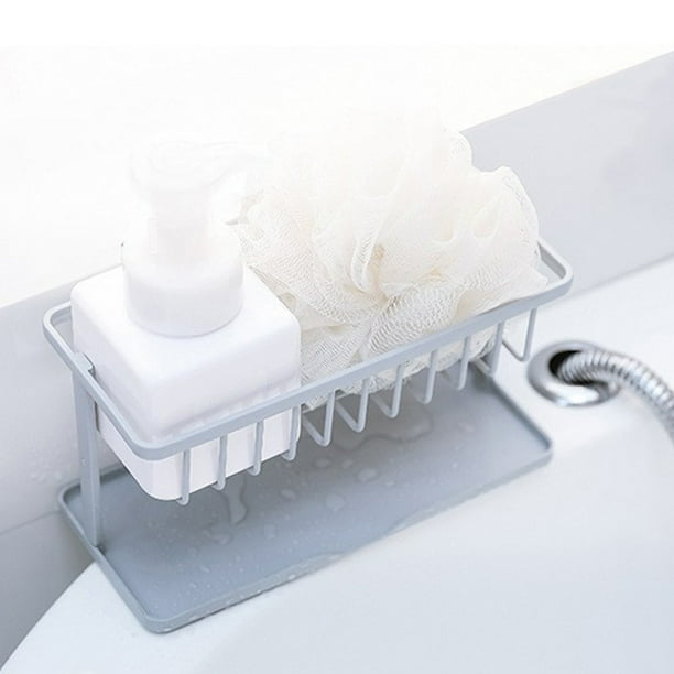 Organizador de esponjas de doble fregadero con dispensador de jabón - Estantería acrílica ABS para fregadero de cocina para esponjas, brochas y utensilios - blanco, gris o beige