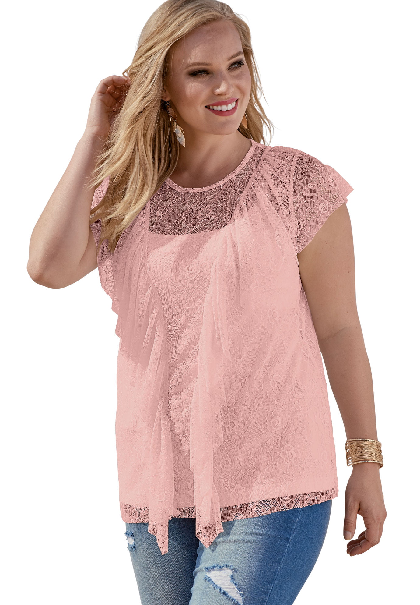 kompromis solid knus Roaman's Women's Plus Size Ruffle Lace Tee Shirt - Walmart.com