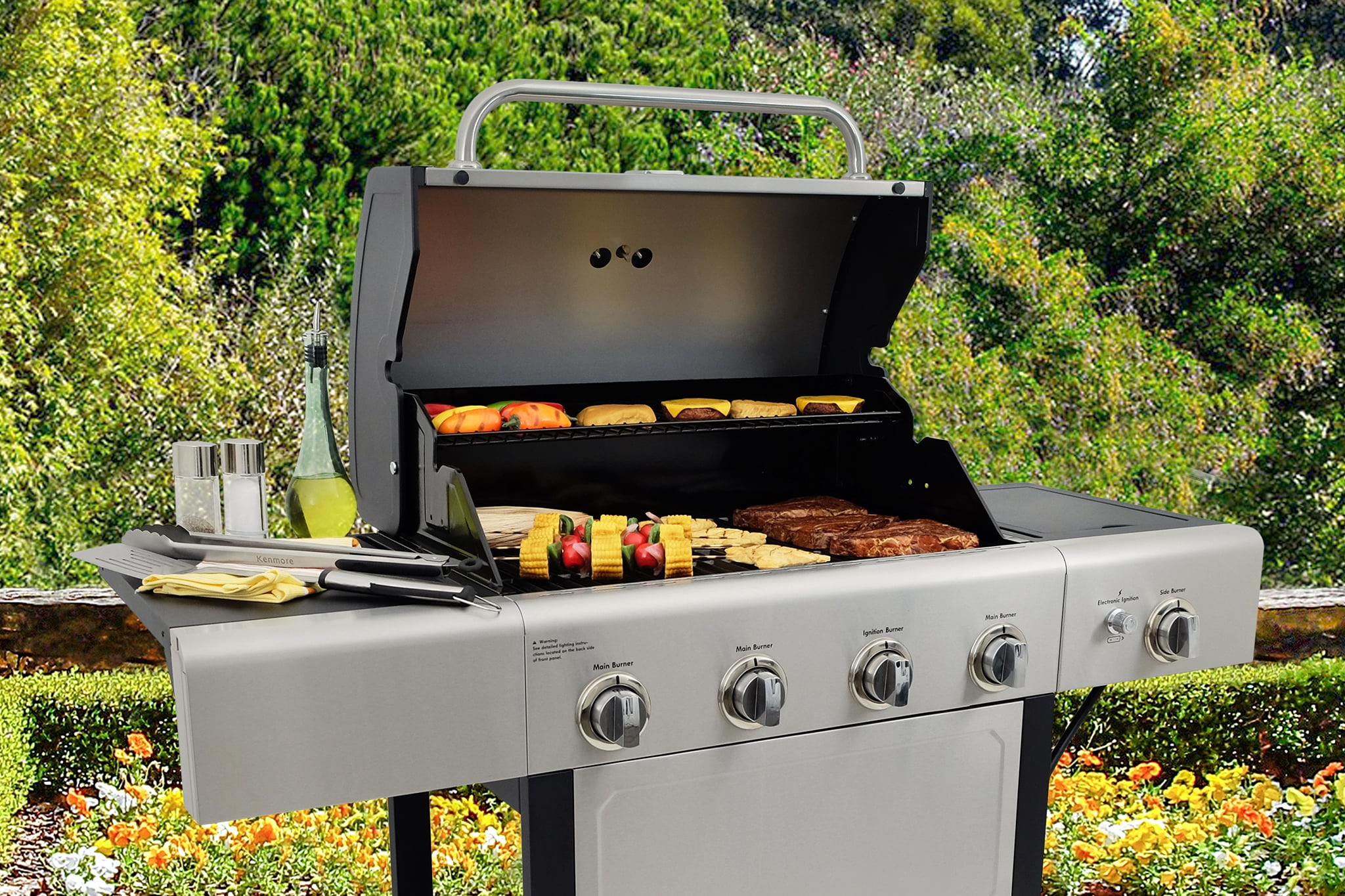 Kenmore 4-Burner Outdoor Propane Gas Grill with Side Burner, Open Cart, Stainless Steel