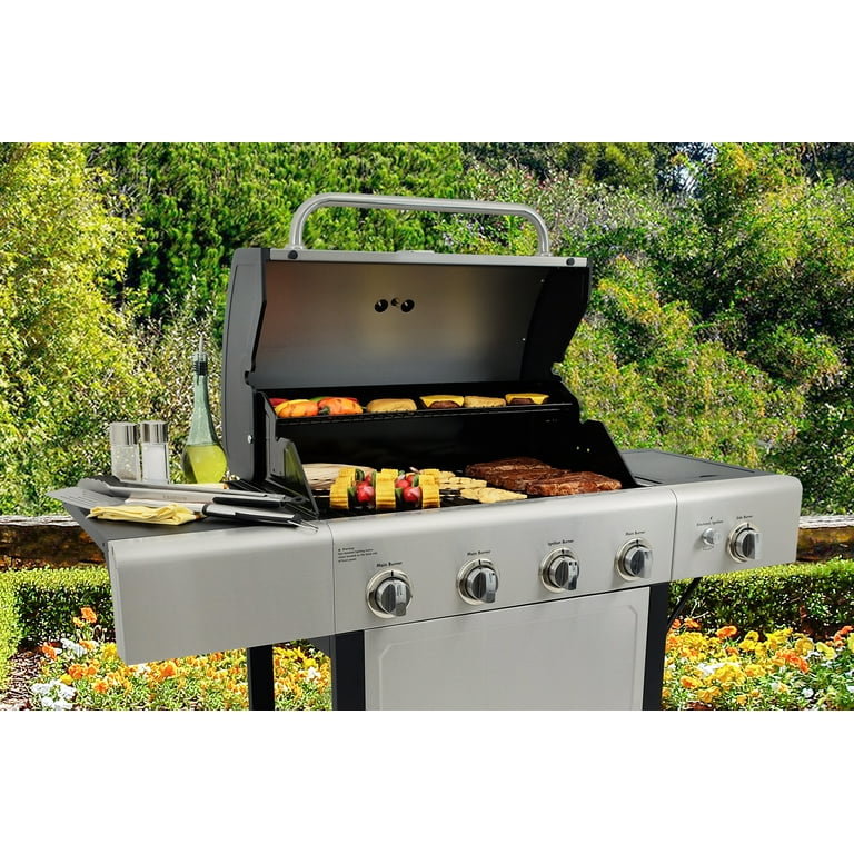Kenmore 4 Burner Outdoor Propane Gas Grill with Side Burner Open Cart Stainless Steel
