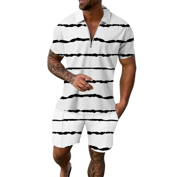 Ediodpoh Men's Suits Male Casual Striped Ramp Print Two Piece Suit Zipper Short Sleeve Top Blouse Suit Drawstring Pocket Short Set Short Sets for Women White XXL