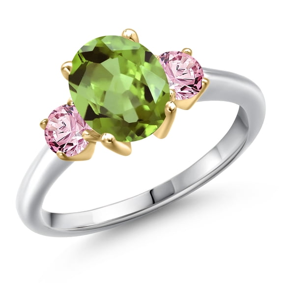 Gem Stone King 10K Two Tone Gold Green Peridot and Pink Lab Grown Diamond Engagement Ring for Women | 2.60 Cttw | Oval 9X7MM | Gemstone August Birthstone | Size 5