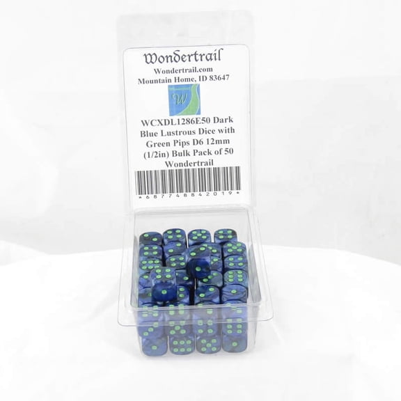 Dark Blue Lustrous Dice with Green Pips D6 12mm (1/2in) Bulk Pack of 50 Wondertrail