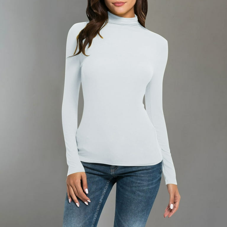 Hfyihgf Women s Mock Turtleneck Long Sleeve Pullover Tops Slim Fit Basic Stretchy Lightweight Layer Soft T Shirts White M