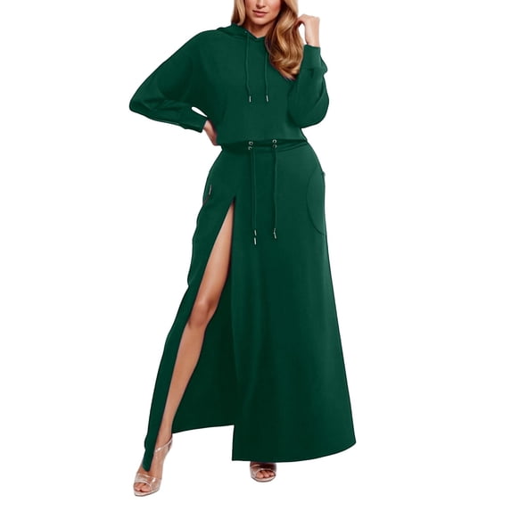DHFJKG Long Skirt Sets For Women 2 Piece Outfits Long Sleeve Hooded Sweatshirts Side Slit Maxi Skirts With Pockets Spring Versatile Outfit