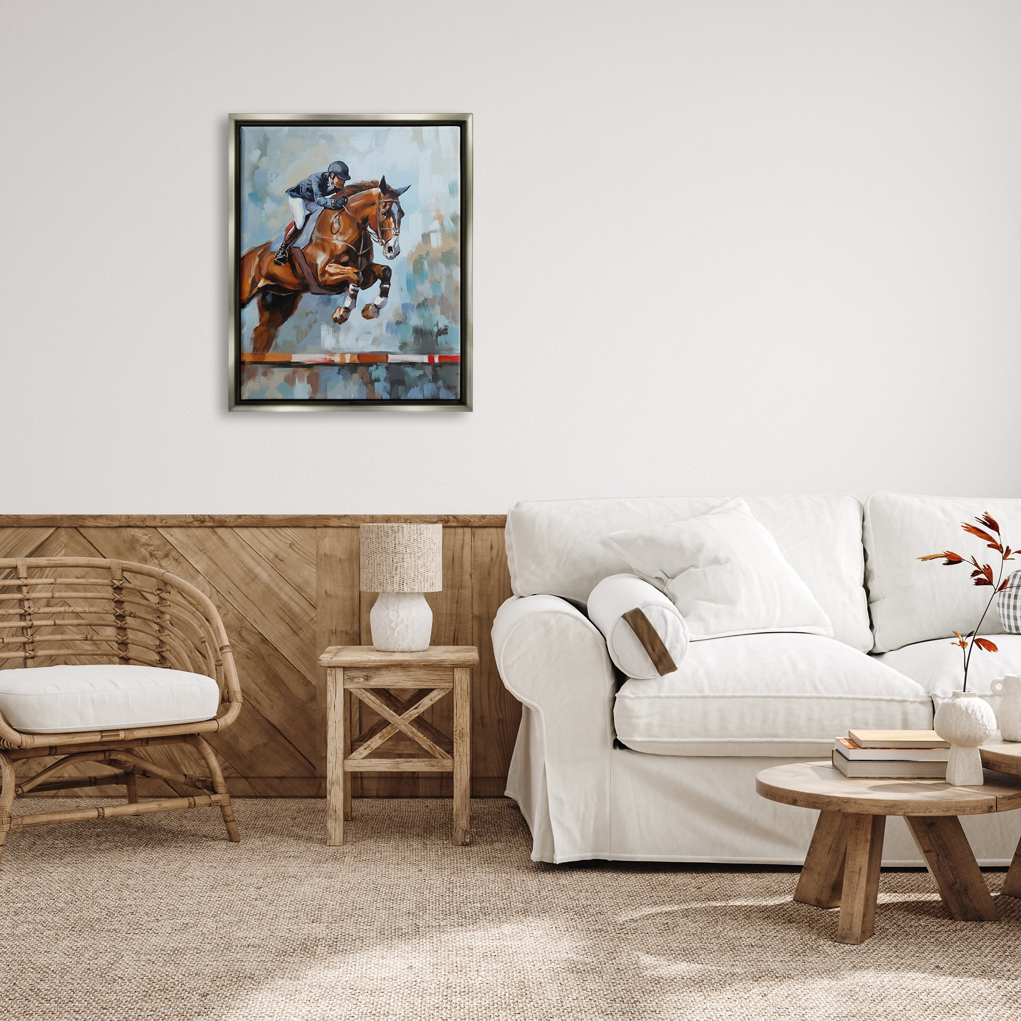 Stupell Industries Jockey Jumping Hurdle Animals & Insects Painting Gray Floater Framed Art Print Wall Art, 25 x 31
