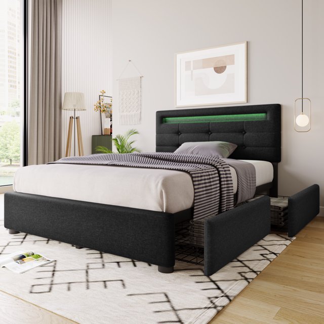 Estructura de cama con iluminación LED y 2 cajones, cama individual cama tapizada 90x200cm, cabecero regulable en altura, somier de listones de madera, negro (sin colchón) esquí esquí Gafas de esquí