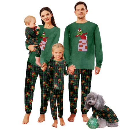

FUNIER Holiday Family Matching Christmas Pajamas Sleepwear Set The Grinch Green Buffalo Plaid Print Sizes for Adult-Kids-Baby-Pet 2-Piece Top and Pants Bodysuits Xmas Pjs Set