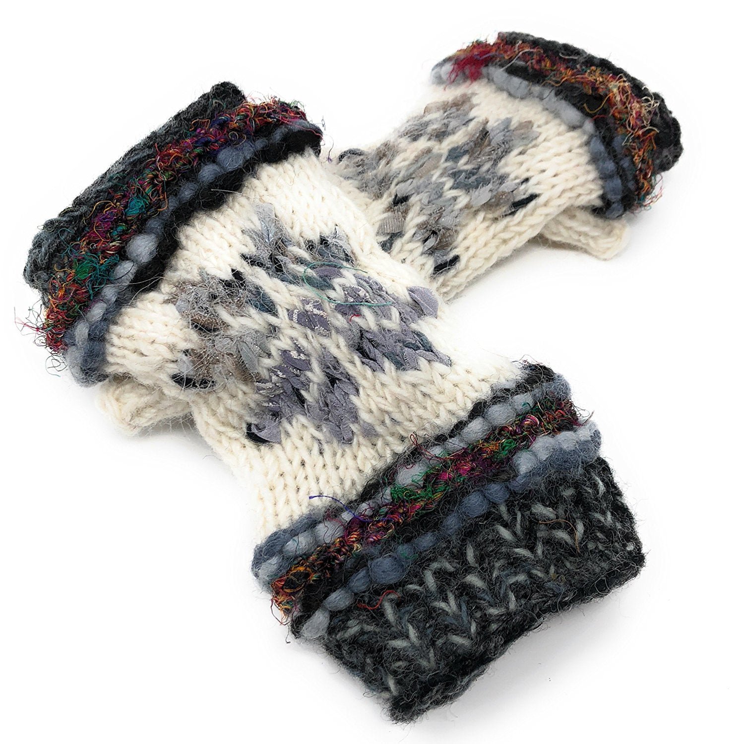 Snowflake Fair Isle Insulated Lined Knit Fingerless Gloves Thumb Hole