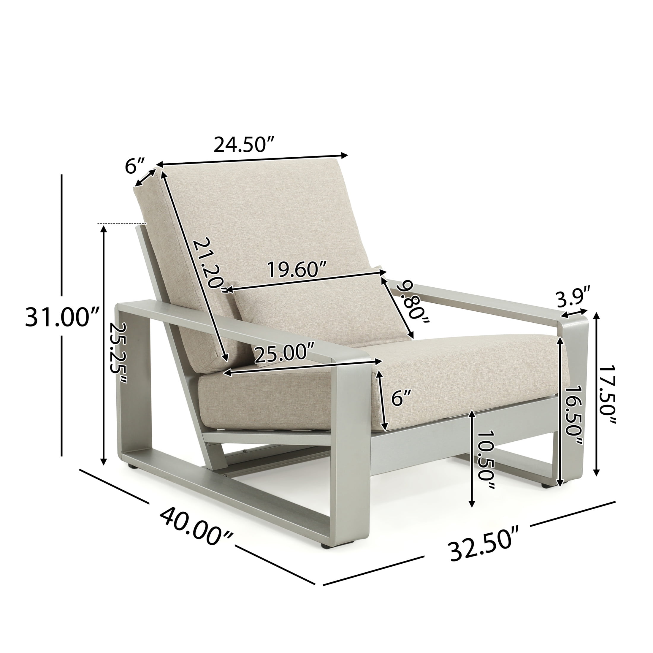 Aureth Outdoor Patio Lounge Chair with Lumbar Pillow, Aluminum, Silver+Beige