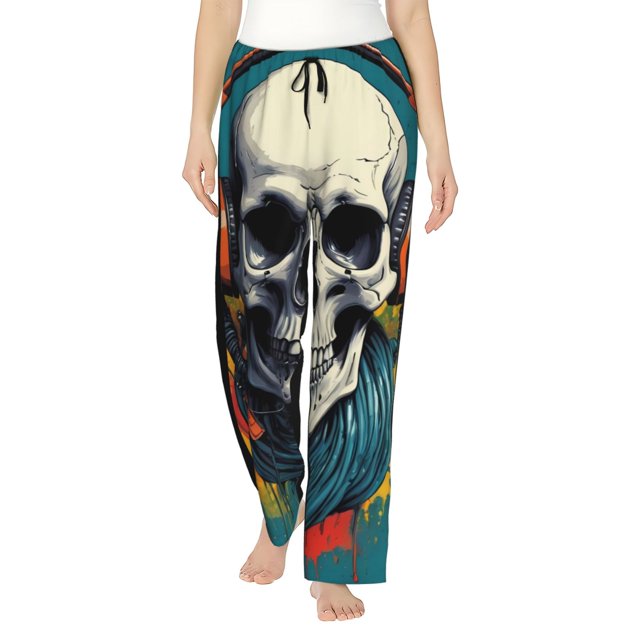 Fotbe Modern Hip-Hop Skull Pantalones de Pijama para Mujer, Pantalones de Dormir, Pantalones Pj con Cordón y Bolsillos-Large