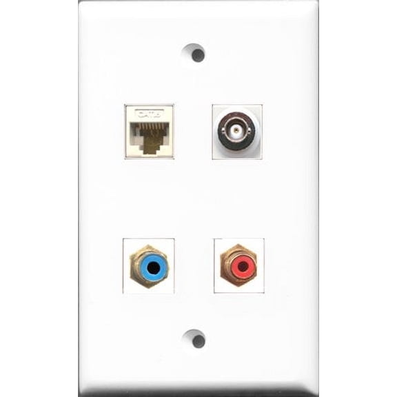 RiteAV 1 Port RCA Red and 1 Port RCA Blue and 1 Port BNC and 1 Port Cat6 Ethernet White Wall Plate