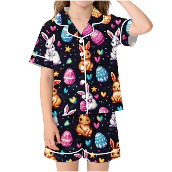 Piuwrlz 9 Years Girl Outfit Sets Short Sets Lapel Collar Summer T-Shirt and Shorts Set Black Size 9 Years