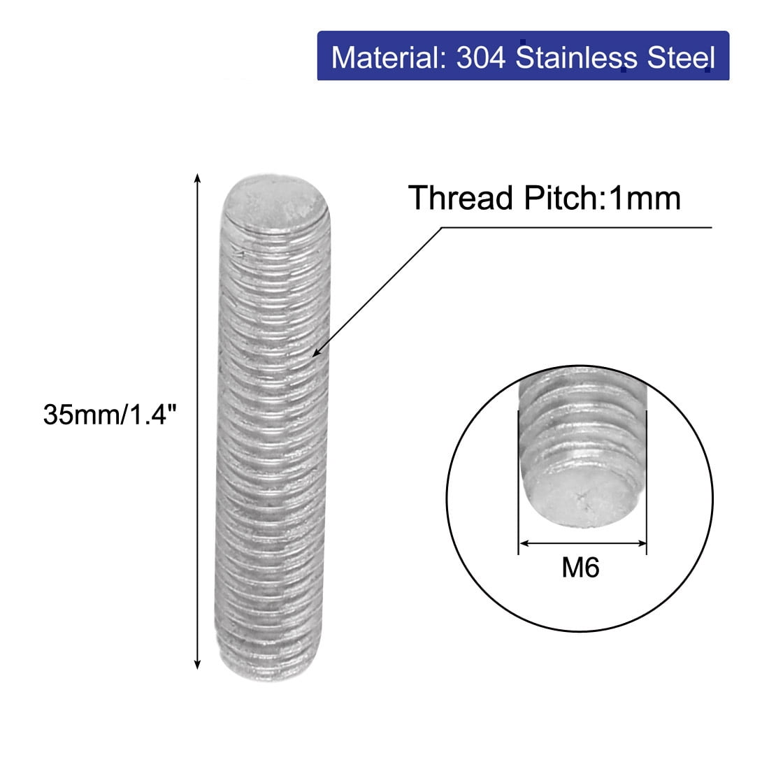 Unique Bargains M6 x 35mm 1mm Thread Pitch 304 Stainless Steel Rod Bar Studs Silver Tone 50Pcs