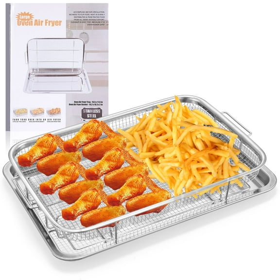 2 Piece Air Fryer Basket for Oven,15“ x 11“ Large Stainless Steel Crisper Tray and Pan for Crispy Foods Healthy Cooking,Dishwasher Safe