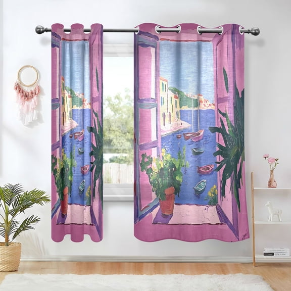 Yayeee Window Curtains Light Filtering 63"x42" Grommet Panel Pair Home Living Room Decor, Purple Window Scene