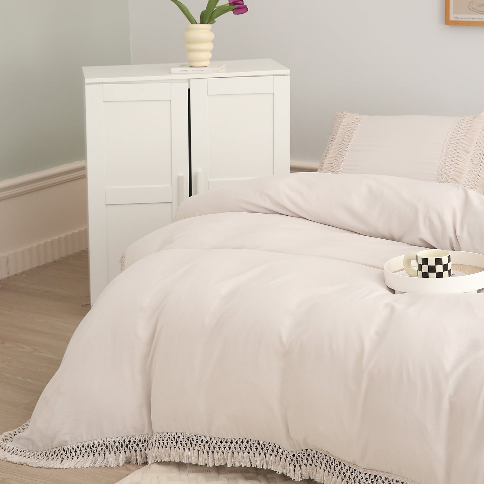 Move Over Beige Grey Macrame Tassel Bedding Sets Twin Washed Microfiber Tassel Patern Boho Handmade Duvet Cover Set No Filling
