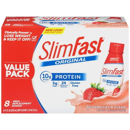 SlimFast Original Meal Replacement Shakes, Strawberries and Cream, 11 Fl oz, 8 Ct