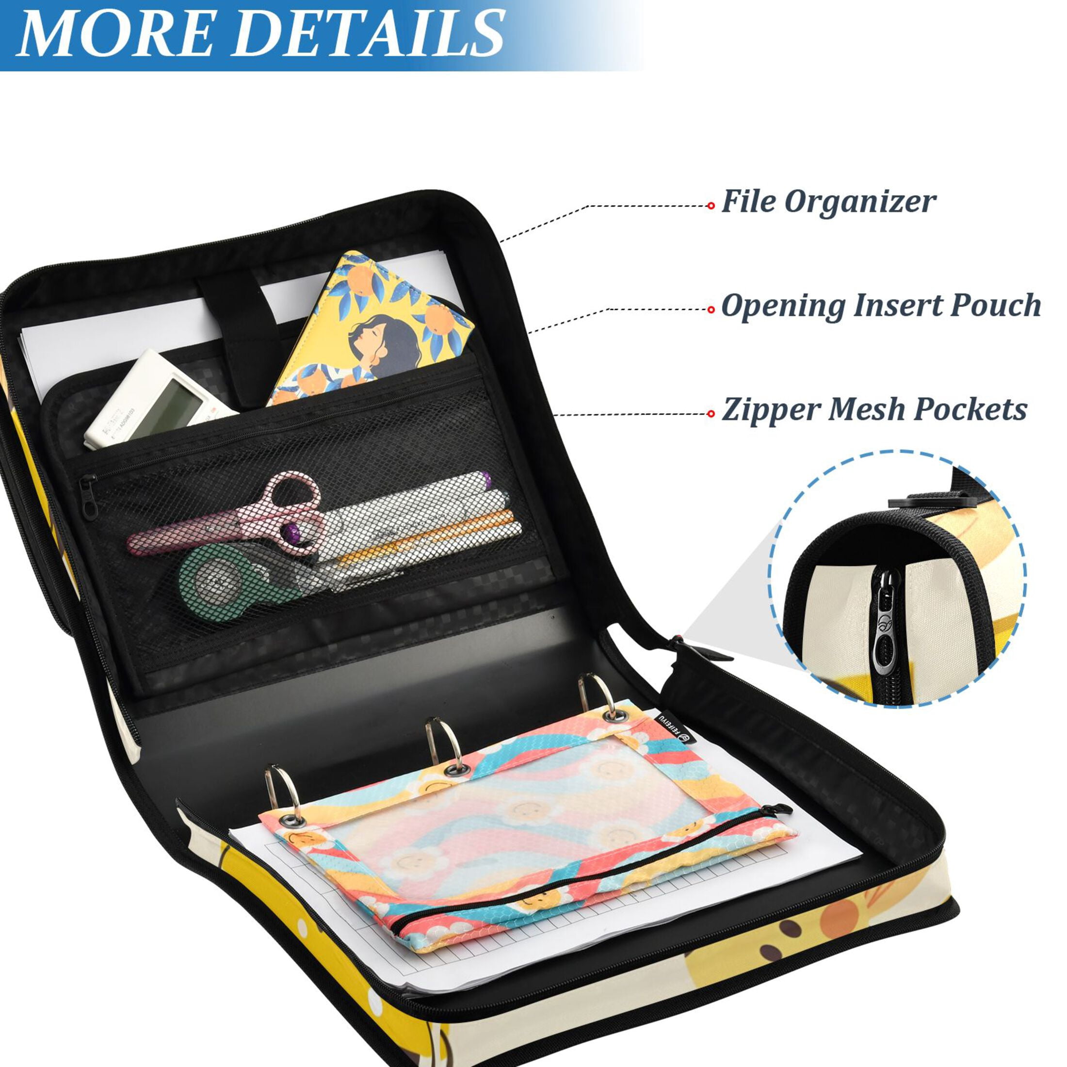 ALAZA Zipper Binder Cute Bees and Daisy 3 Ring Trapper Keeper File Folder Organizer Bag