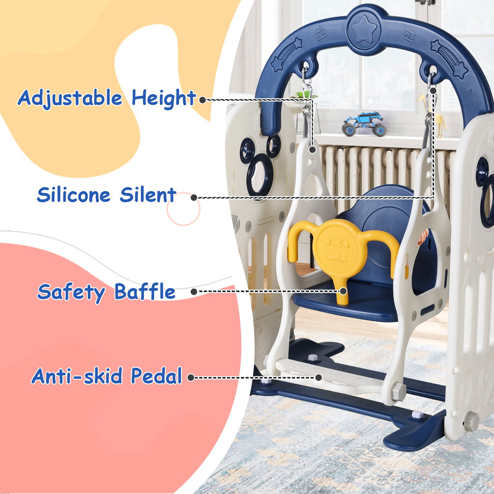 LAZY BUDDY 5-in-1 Slide and Swing Set for Toddlers, Kids Slide Climber Playset with Basketball Hoop, Indoor/Outdoor Playground