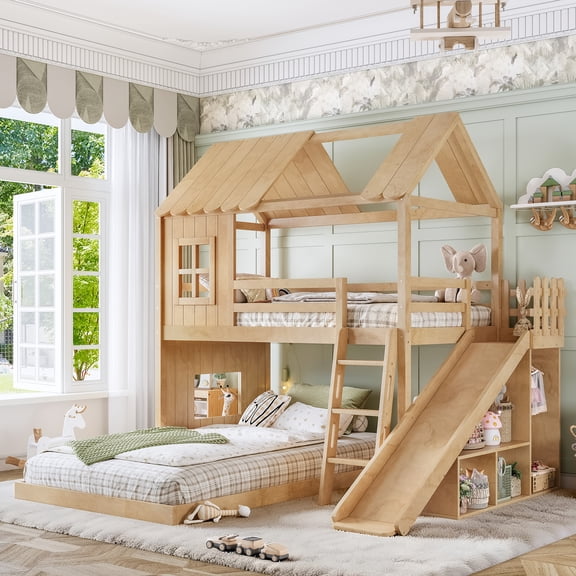 CZBZ Twin Over Full House Bunk Bed with Slide and Ladder, Wooden Floor Bunk Bed with Storage Shelves and Wardrobe, Playhouse Loft Bed Frame with Full-Length Guardrails, Solid Wood Bunk Bed