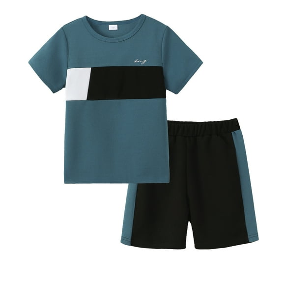7Y Big Boys Clothes 8Y Boys 2PCS Summer Outfits Set Crew Neck Big Boys Short Sleeve Color-blocked Top Shorts Set Blue